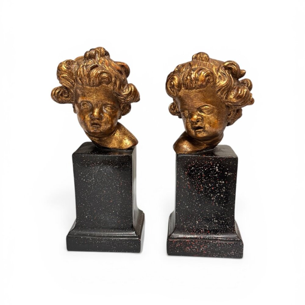 Vintage Borghese Italian Cherub Putti Bookends, Gilt Chalkware Faux Marble Base - Picture 7 of 16